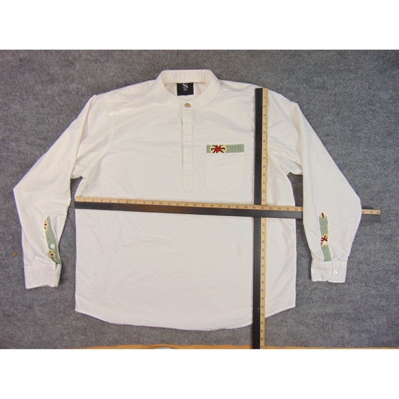 NaSo Shirt Mens XL White Band Collar Pullover Embroidered Trim Boho Casual - Picture 4 of 8